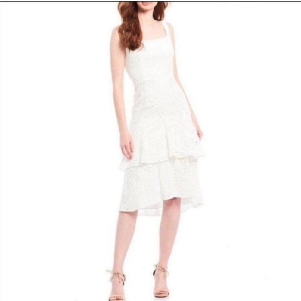 Antonio Melani Wilma lace Tiered Midi White Eyelet square neckline Dress Size 10